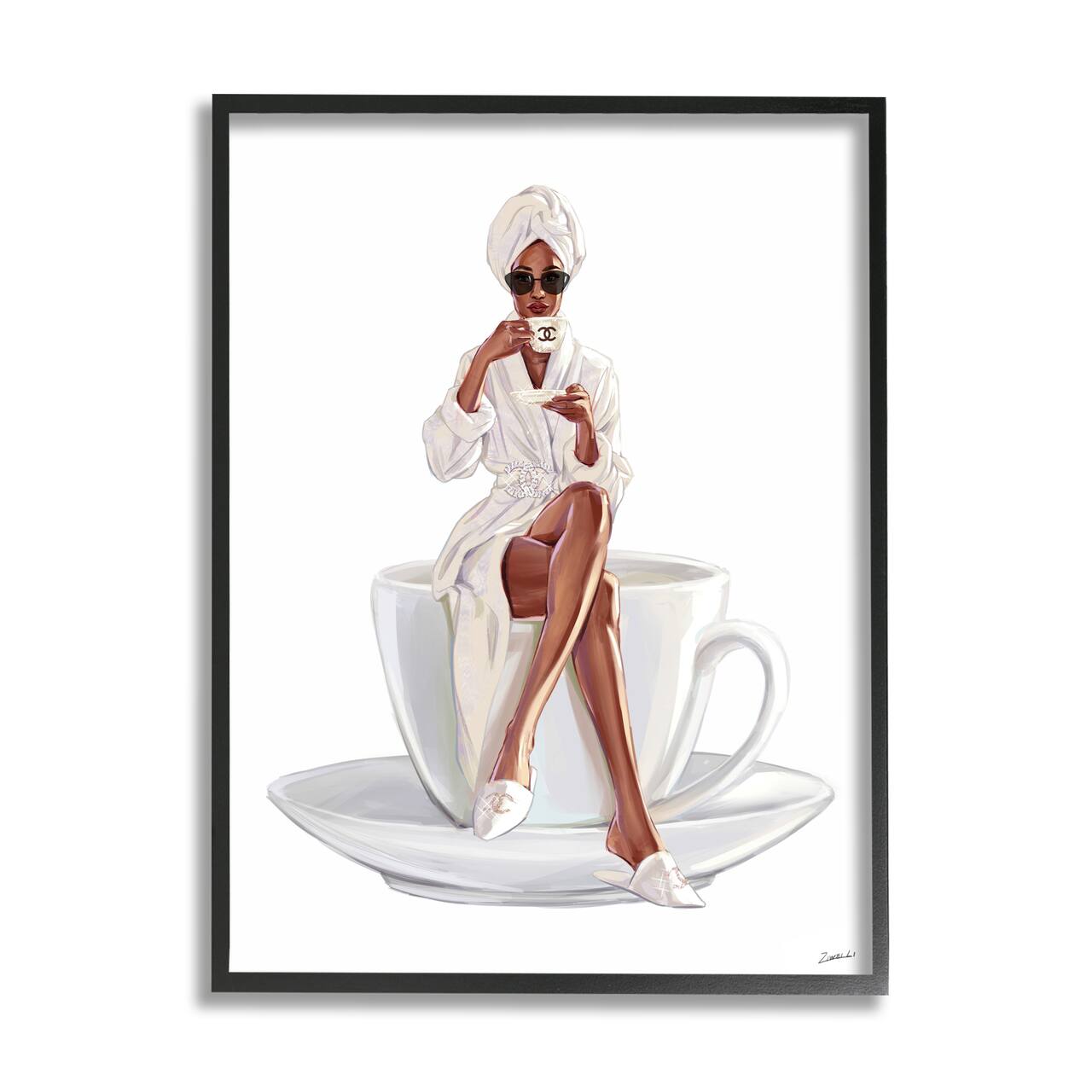 Stupell Industries Chic Coffee Teacup Woman Sipping Robe Sunglasses Framed Giclee Art